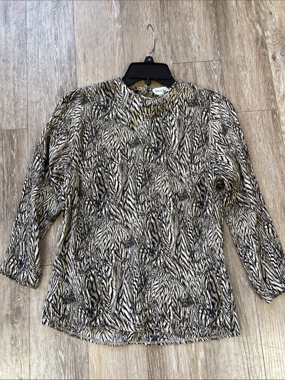 Anne Klein Black Cream and Taupe Animal-Print Long Sleeve Blouse